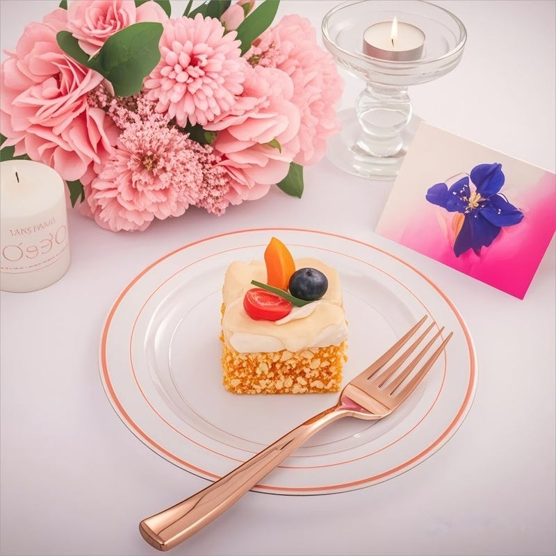 I00000 72 Pcs Rose Gold Plastic Dessert Plates7.5& 70 Pcs Plastic Forks7.4, Premium Salad Plates, Heavy Duty Disposable Plate for Party,Disposable Appetizer Plates Great for Wedding - Image 3